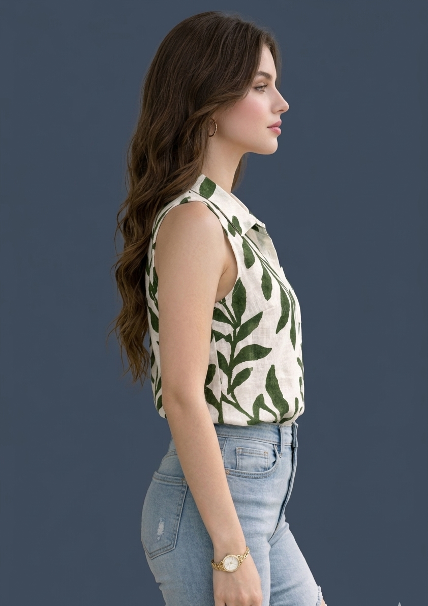 Dora Stylish Collar Floral Printed Sleeveless Shirt