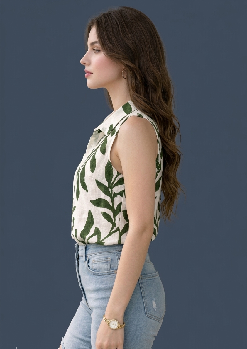 Dora Stylish Collar Floral Printed Sleeveless Shirt