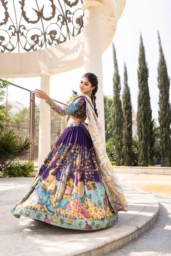 Chinon Silk KalamKari Print Purple Color Designer Lehenga