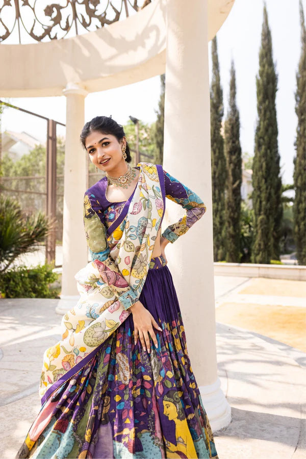 Chinon Silk KalamKari Print Purple Color Designer Lehenga