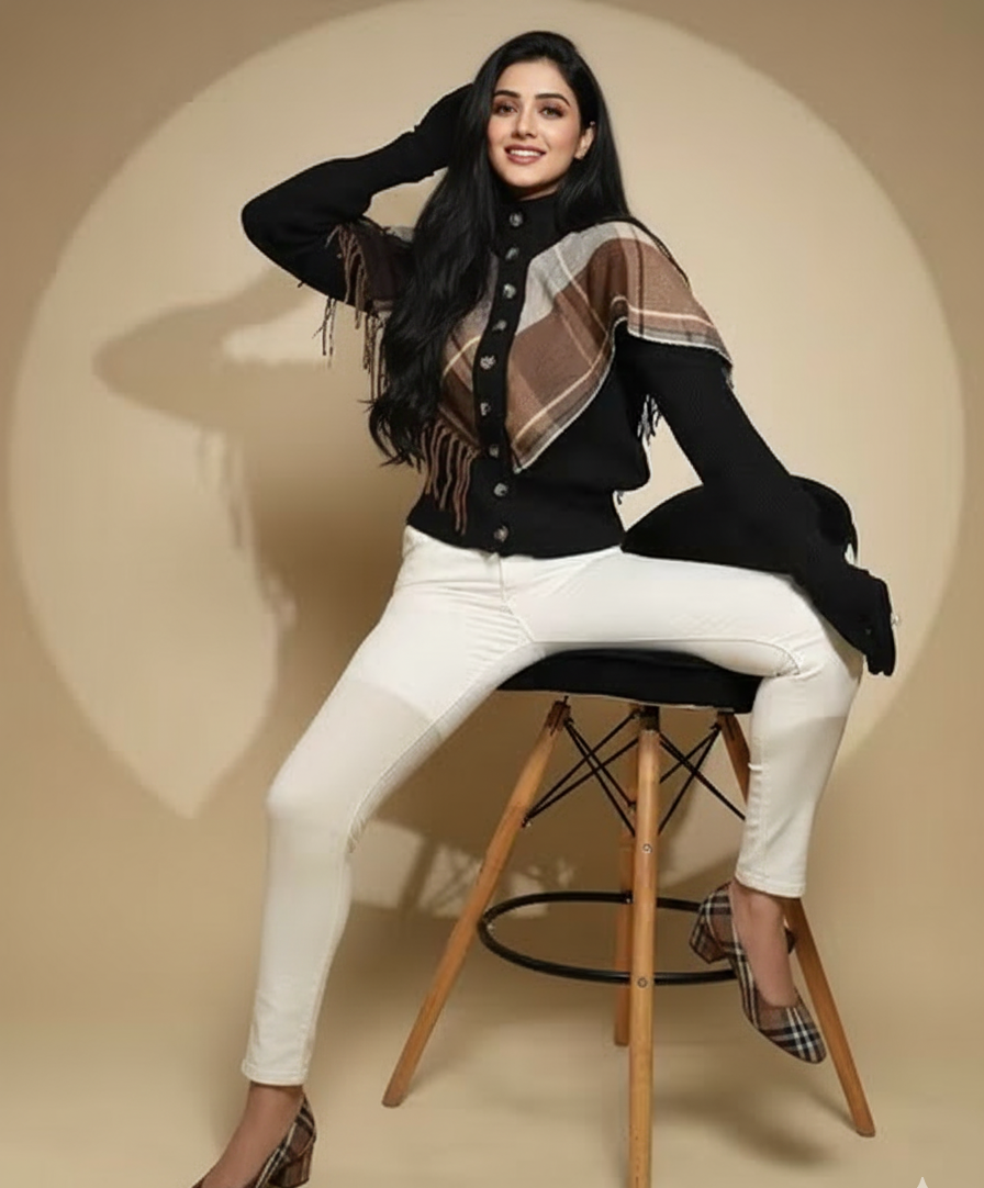 Esther Plaid Cape Knitted High Neck Down Button Poncho Sweater