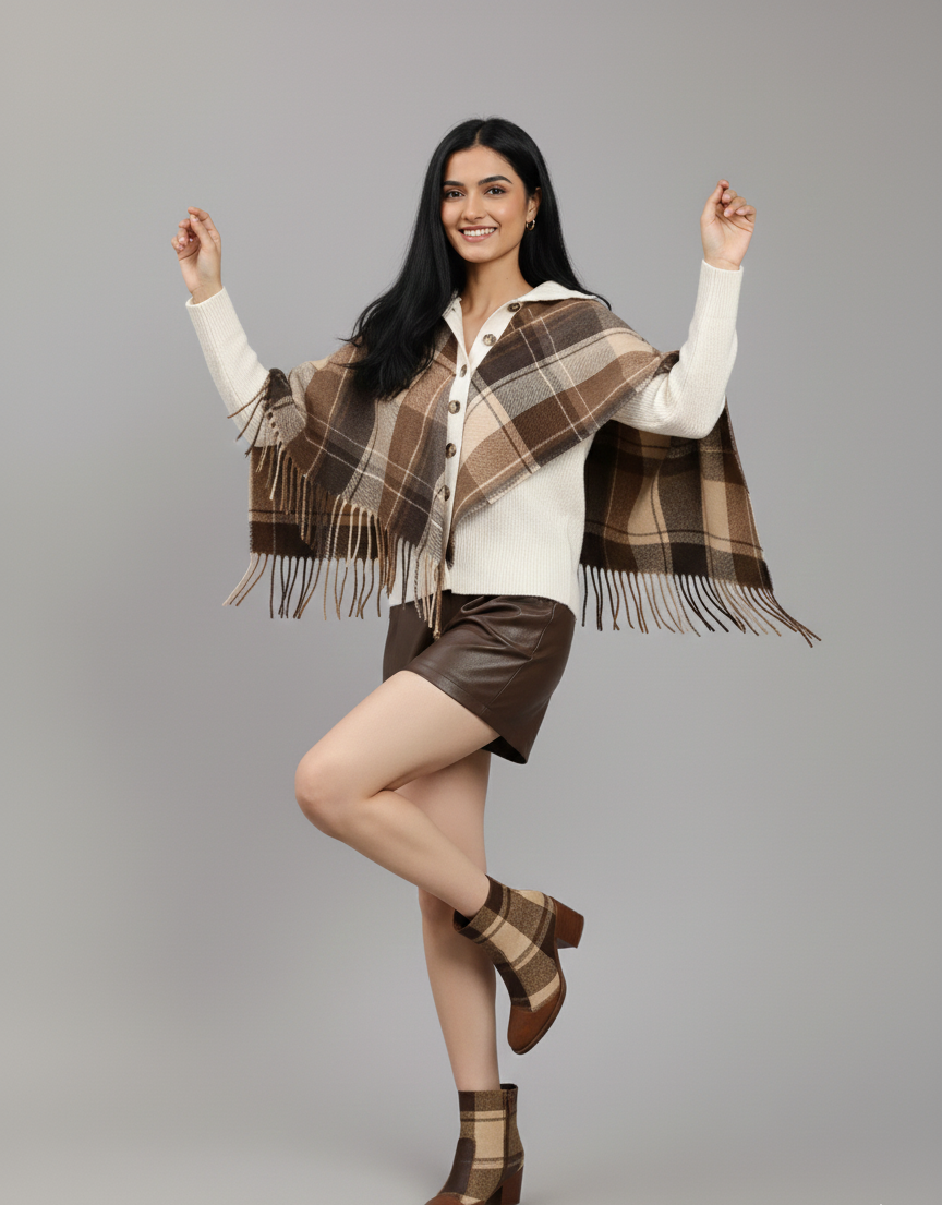 Esther Plaid Cape Knitted High Neck Down Button Poncho Sweater