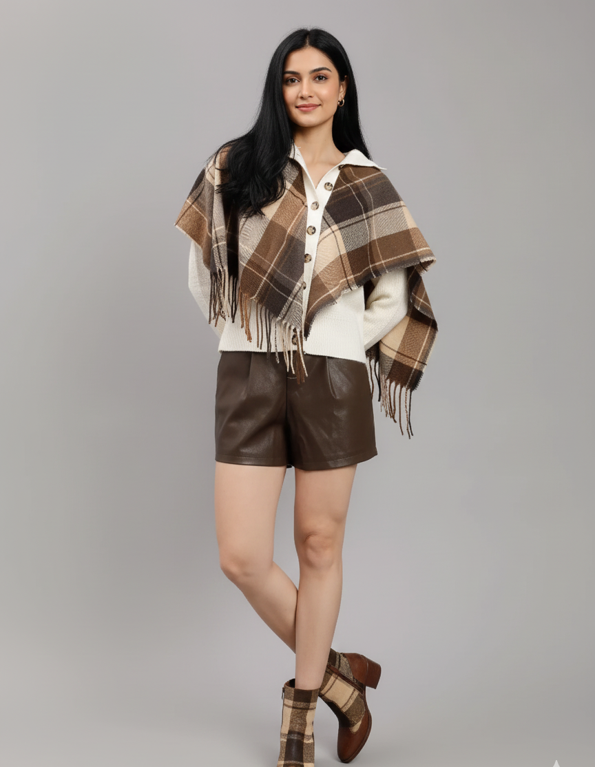 Esther Plaid Cape Knitted High Neck Down Button Poncho Sweater