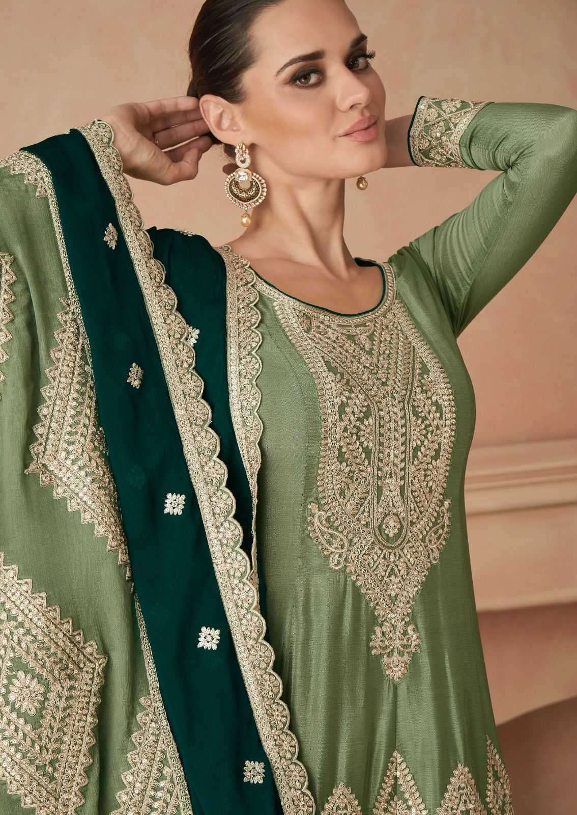 Olive Green Real Chinon Palazzo Suit with Intricate Embroidery