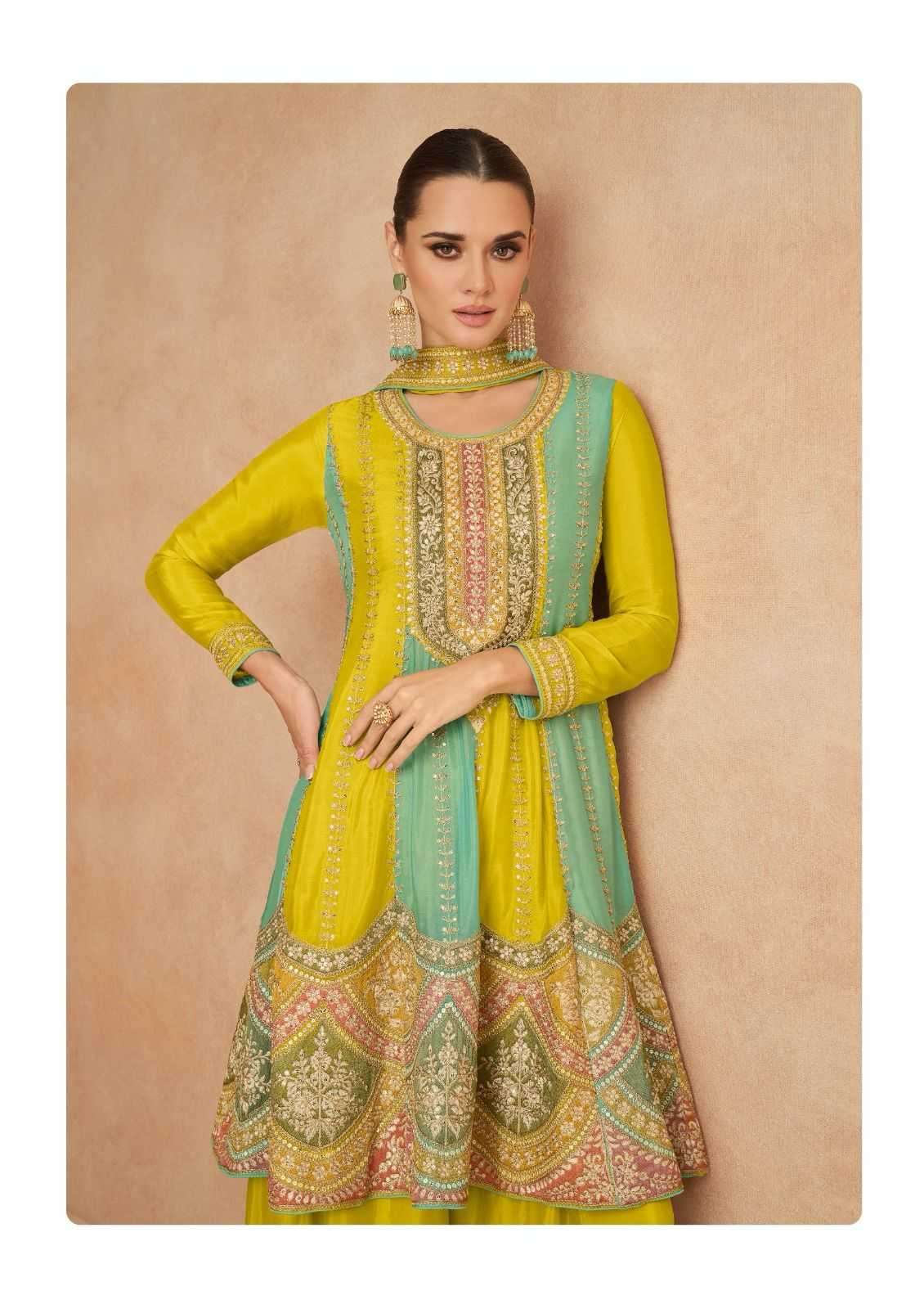 Mustard Yellow Real Chinon Embroidered Palazzo Suit