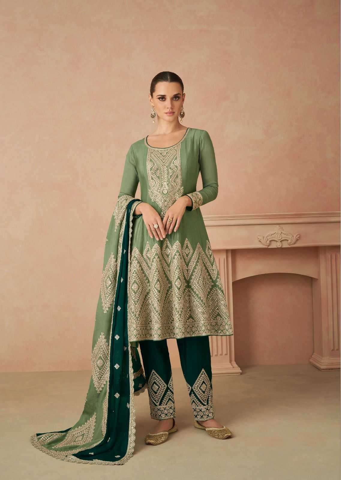 Olive Green Real Chinon Palazzo Suit with Intricate Embroidery