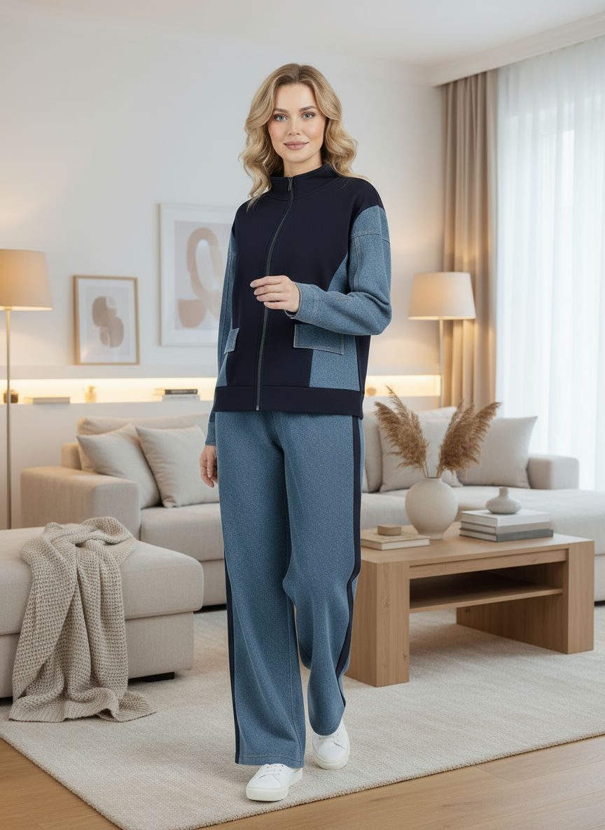 Lara Denim Look Stitching Jacket Girls Spring And Autumn  Wide Leg Long Pants Two-Piece Co-Ord Set