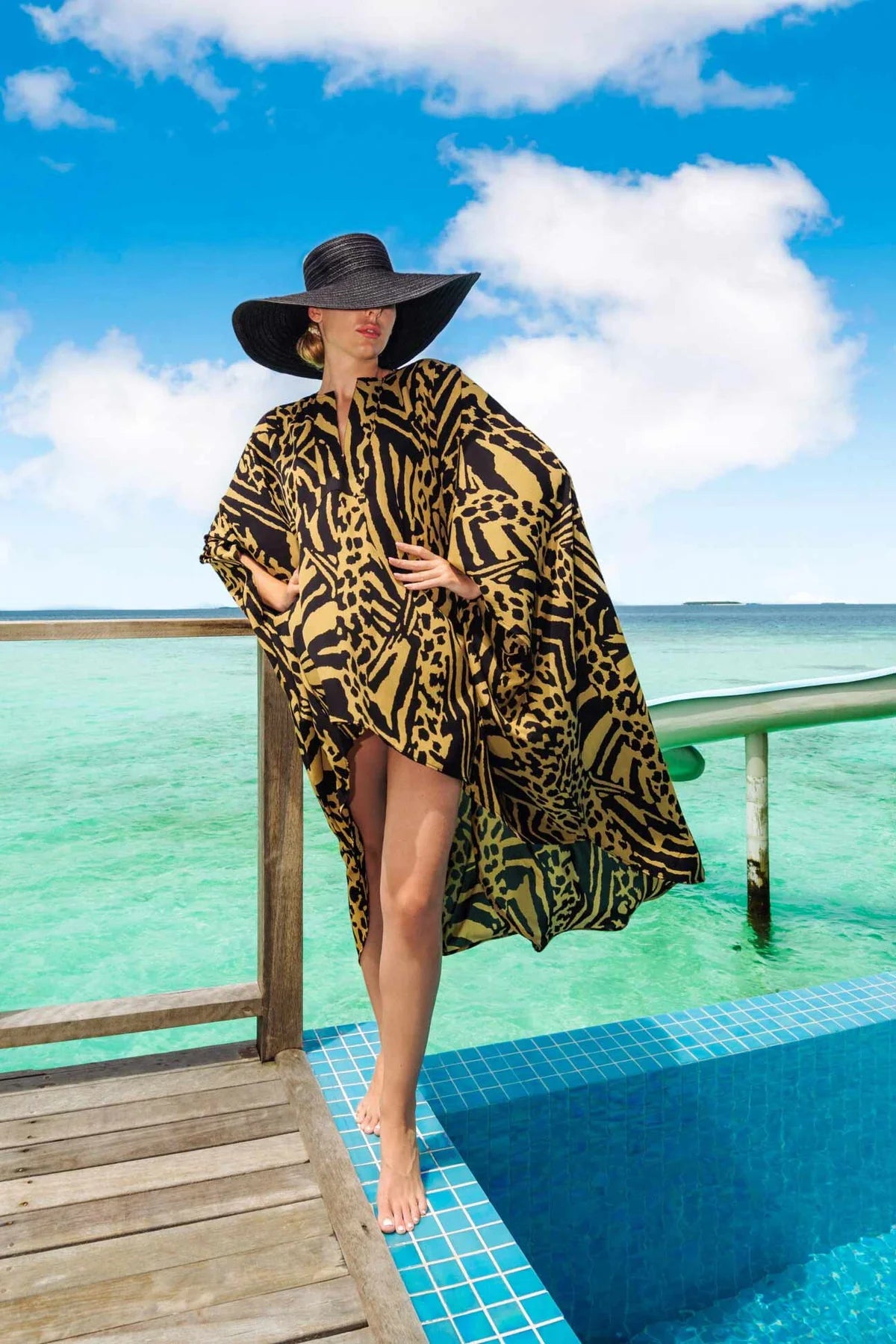 Golden Safari Luxe Kaftan: Hand-Stitched Holiday Elegance