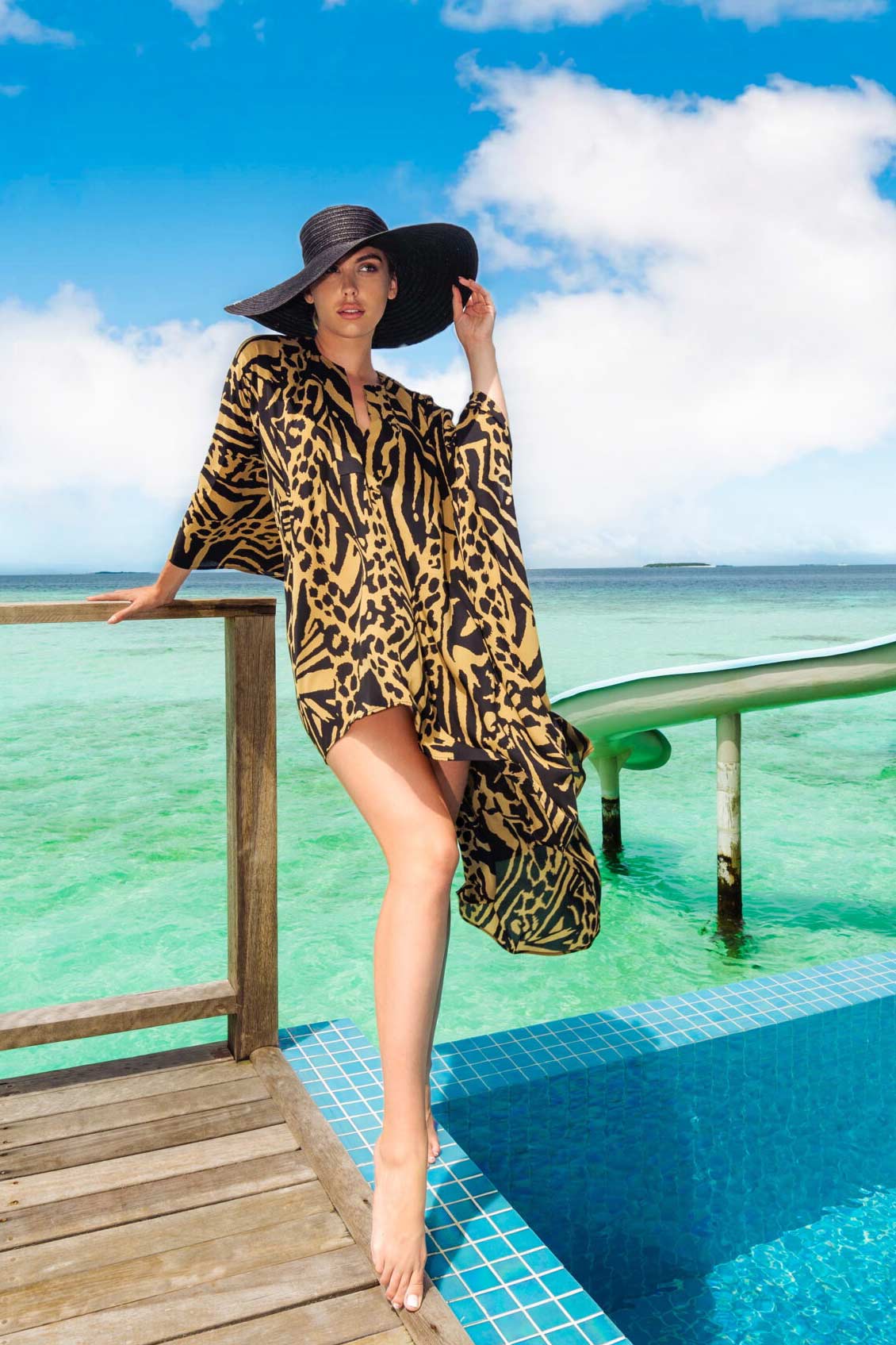 Golden Safari Luxe Kaftan: Hand-Stitched Holiday Elegance