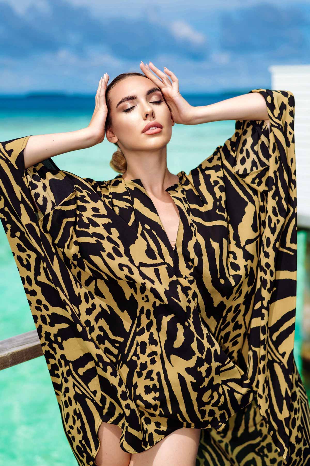 Golden Safari Luxe Kaftan: Hand-Stitched Holiday Elegance