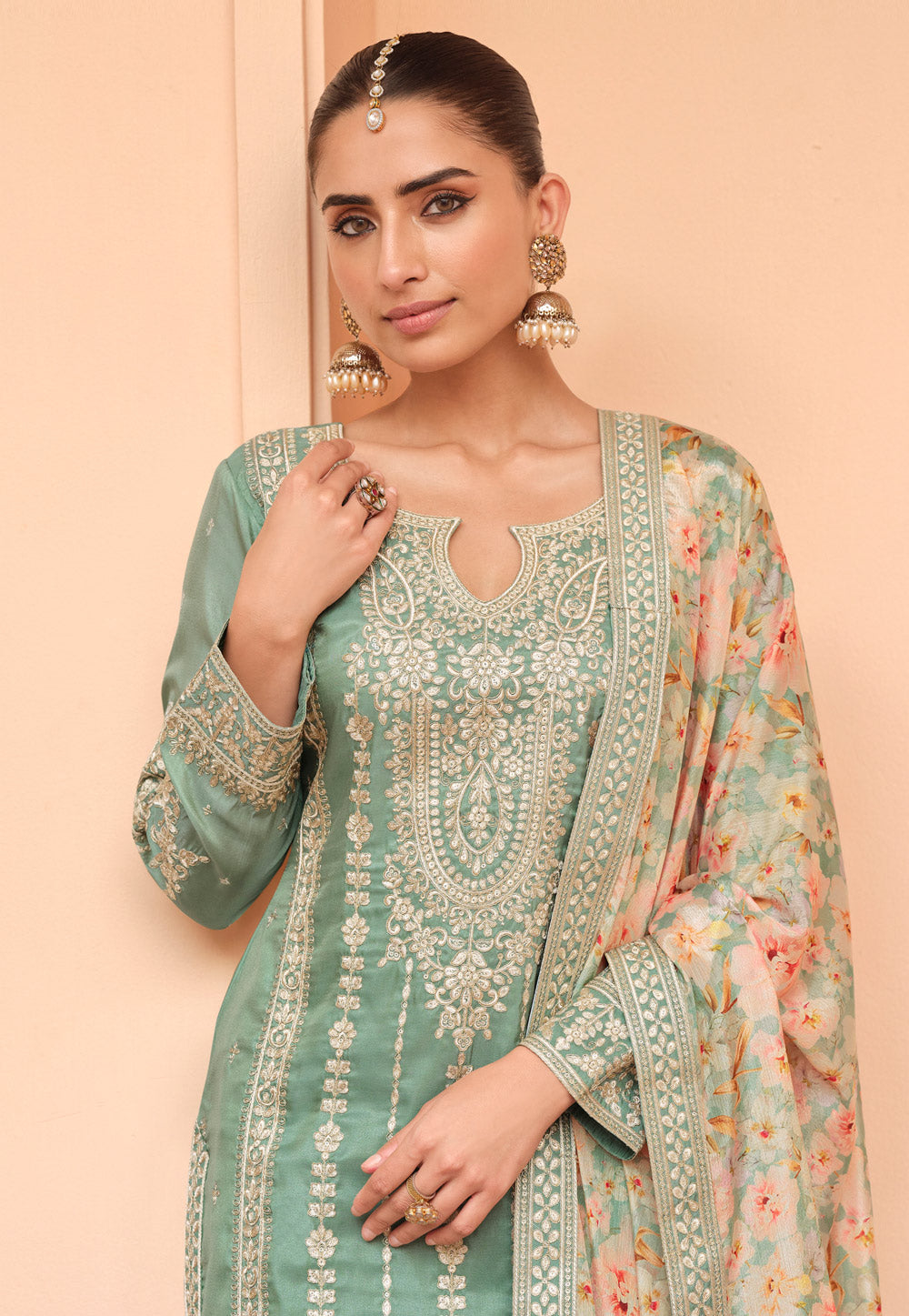 Ishani Pakistani Designer Chinon Embroidery Palazzo Suit Set