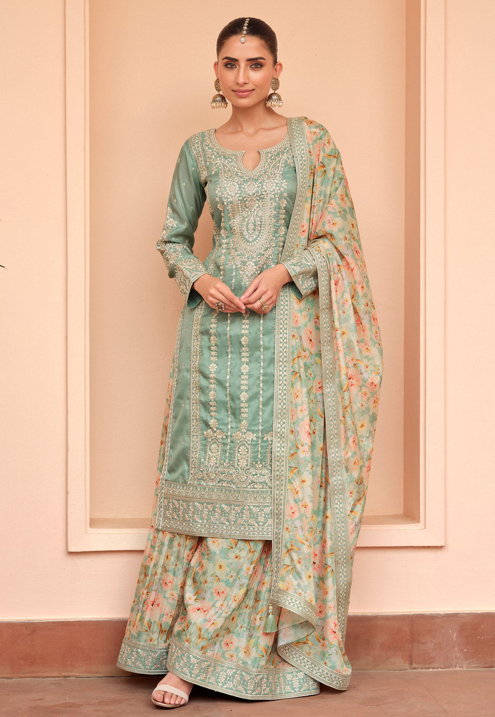 Ishani Pakistani Designer Chinon Embroidery Palazzo Suit Set