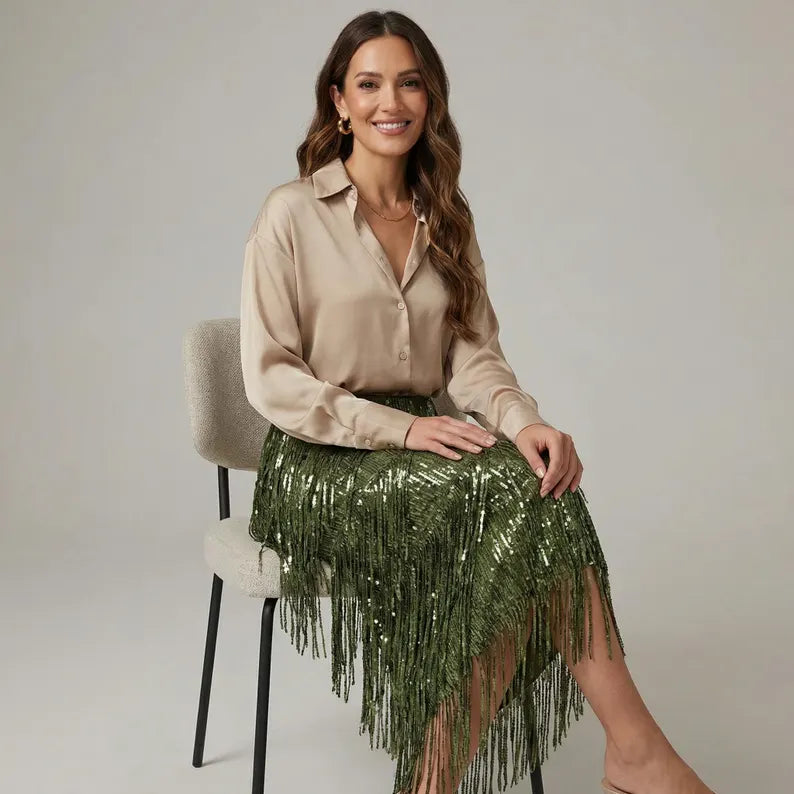 Elara Sequin Fringe Midi Skirt