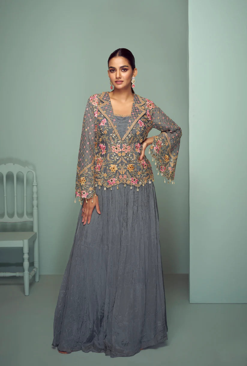 Slate Grey Sharara Suit with Intricate Embroidery