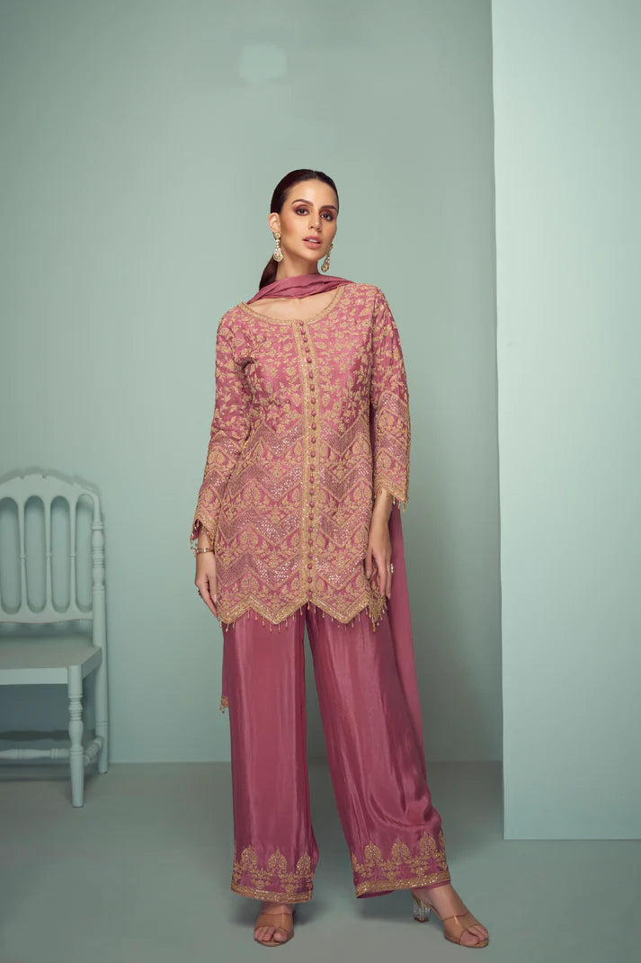 Dusty Pink Sharara Suit with Golden Embroidery