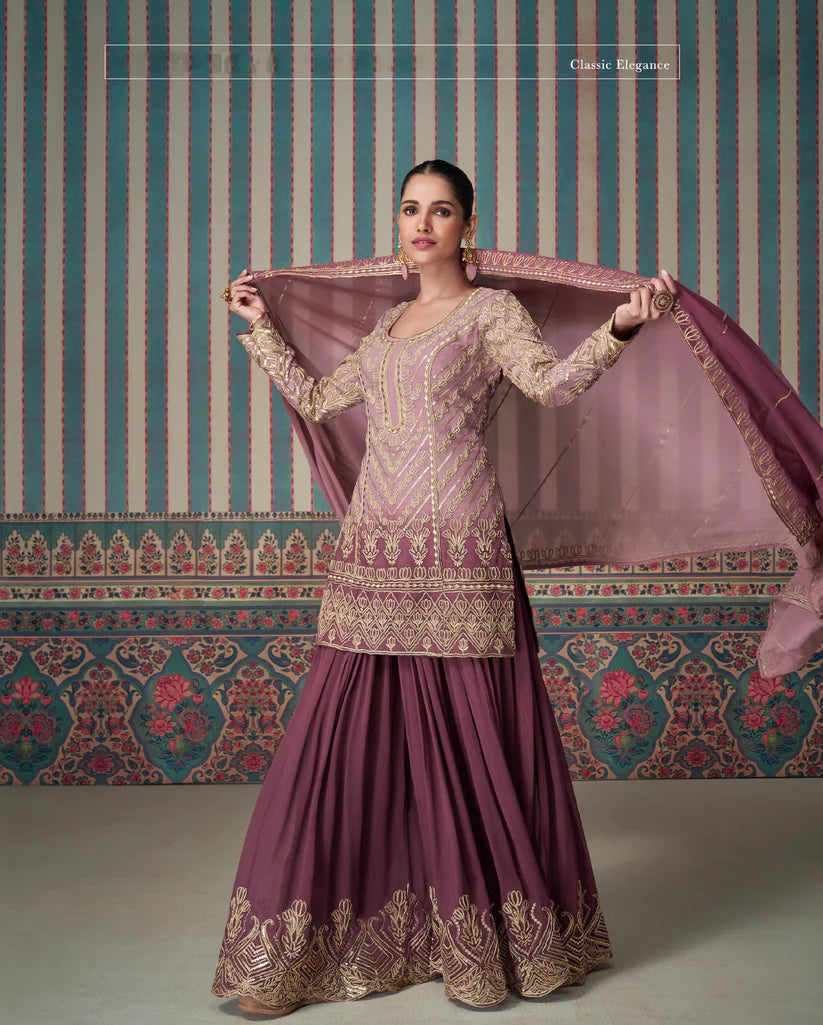 Plum Georgette Sharara Set with Embroidered Dupatta