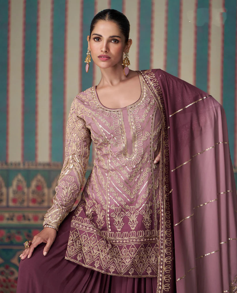 Plum Georgette Sharara Set with Embroidered Dupatta