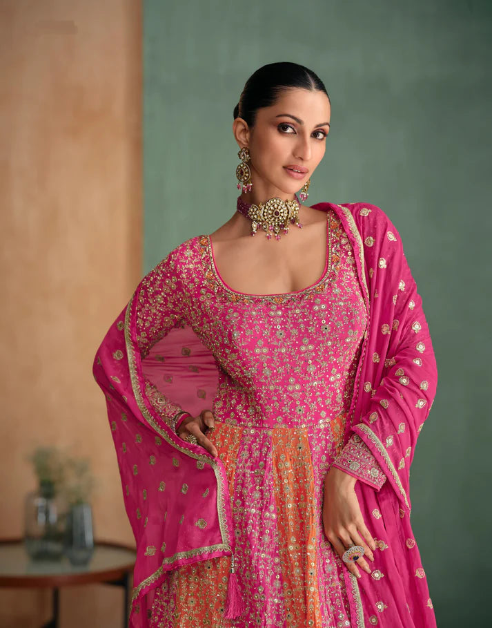 Pink Georgette Anarkali with Embroidered Dupatta Set