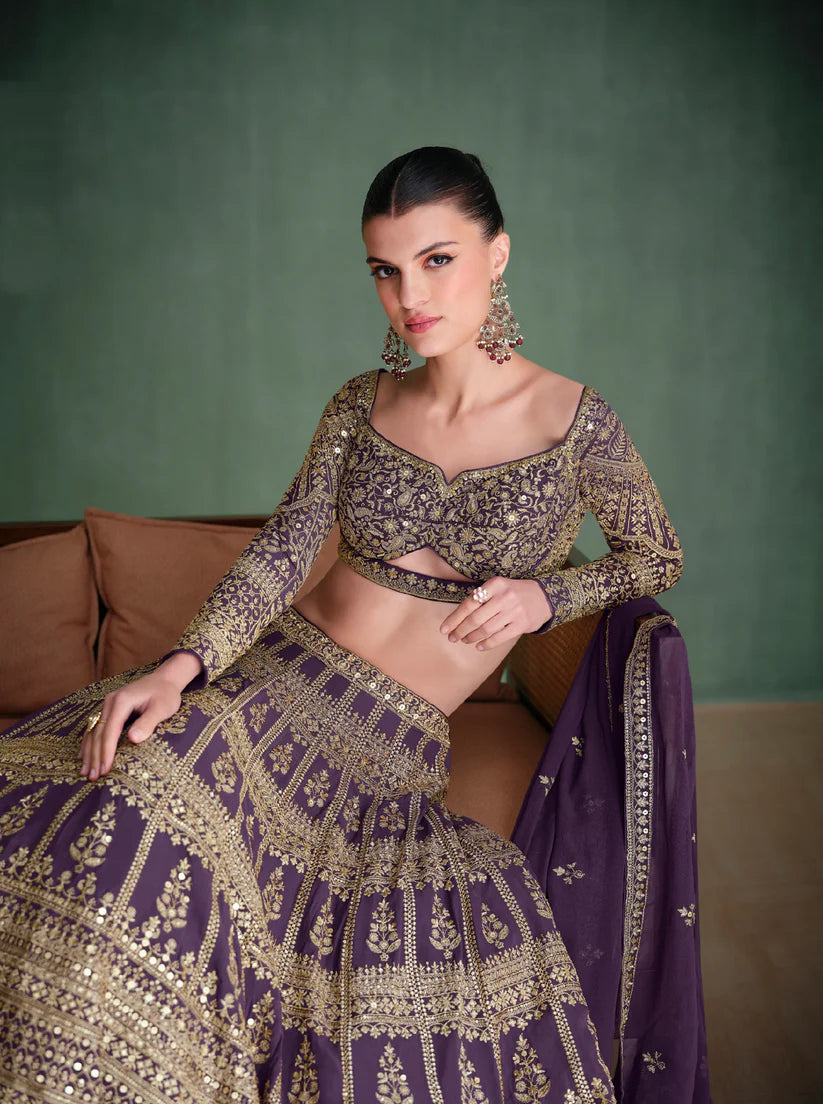 Violet Georgette Bridal Lehenga with Heavy Embroidery