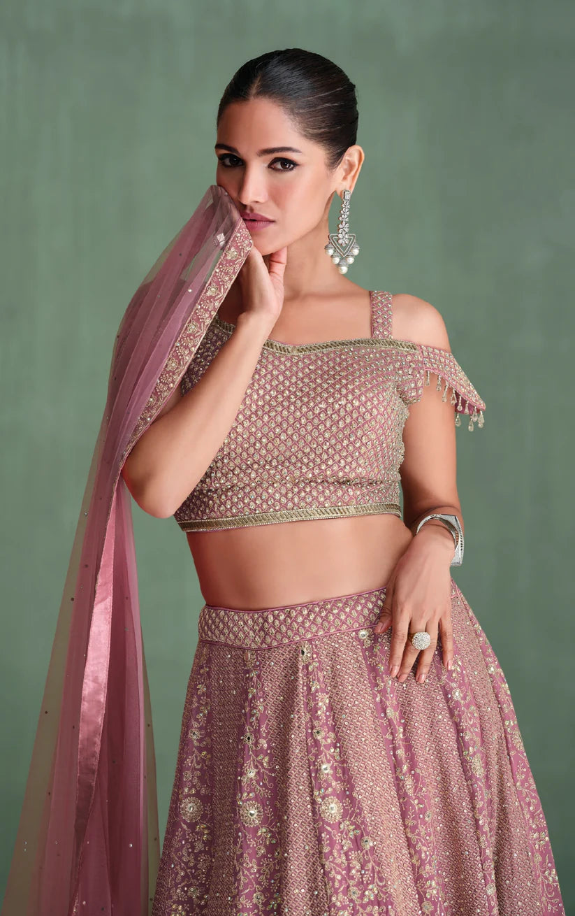 Rose Pink Bridal Lehenga with Mirror and Thread Work