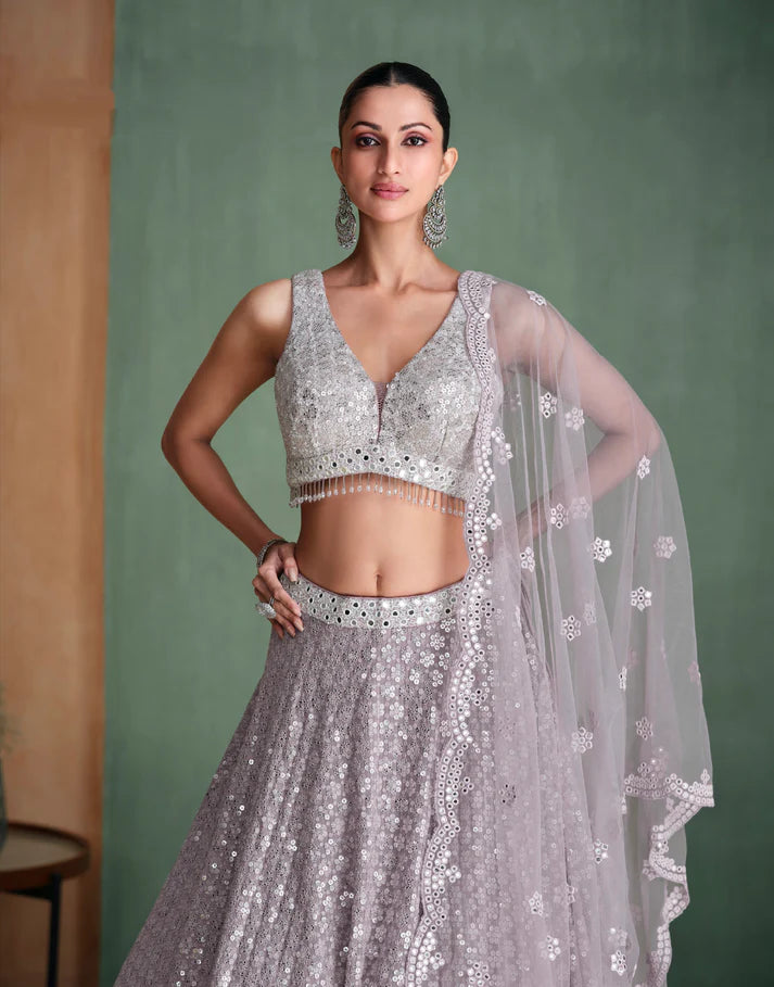 Grey Embroidered Lehenga Choli In Georgette