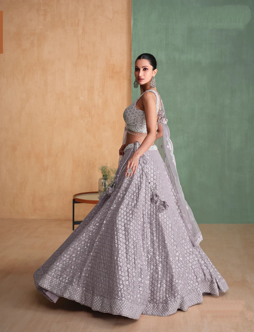 Grey Embroidered Lehenga Choli In Georgette