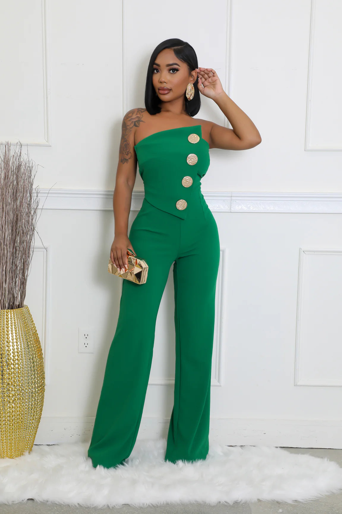 Solid Color Tube Top Gold Button Embellished Bootcut Jumpsuit