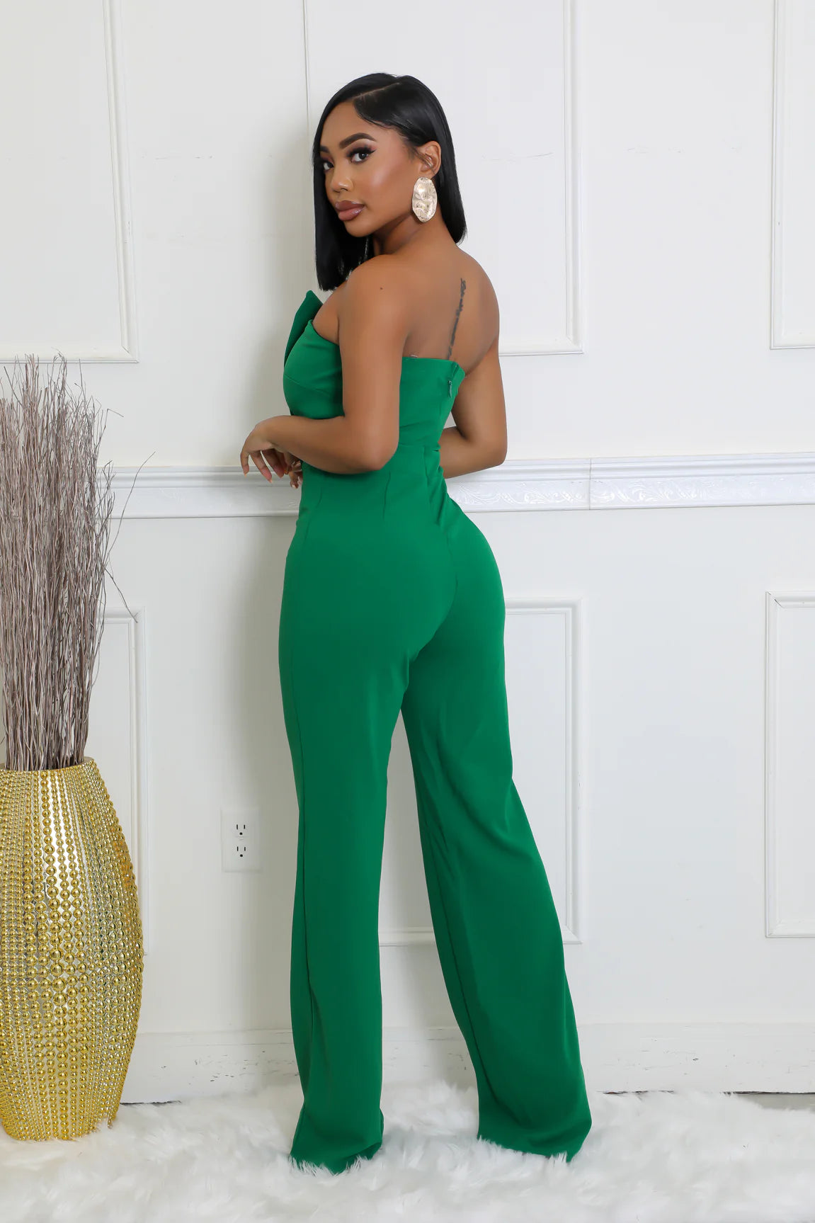 Solid Color Tube Top Gold Button Embellished Bootcut Jumpsuit