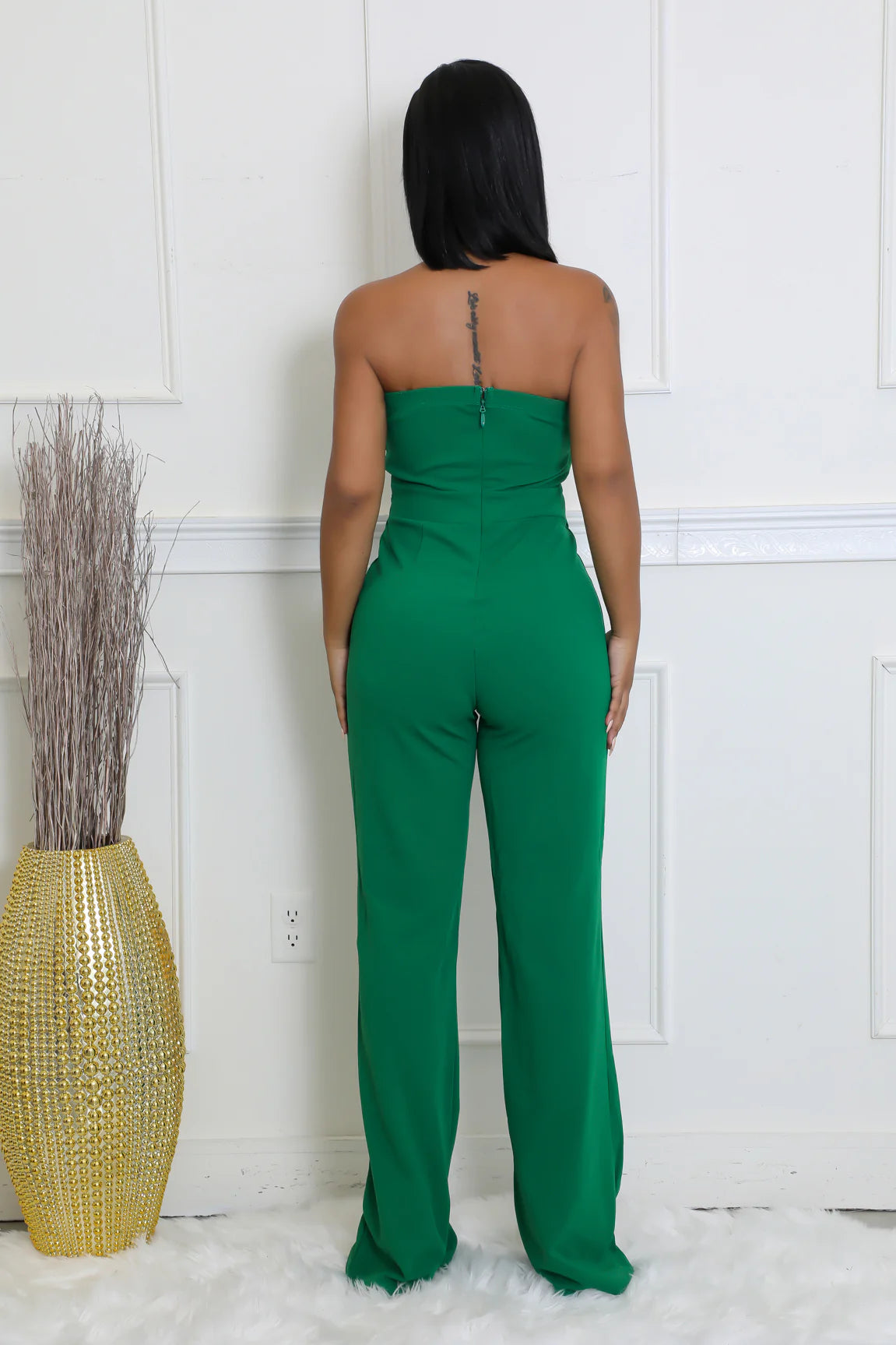 Solid Color Tube Top Gold Button Embellished Bootcut Jumpsuit