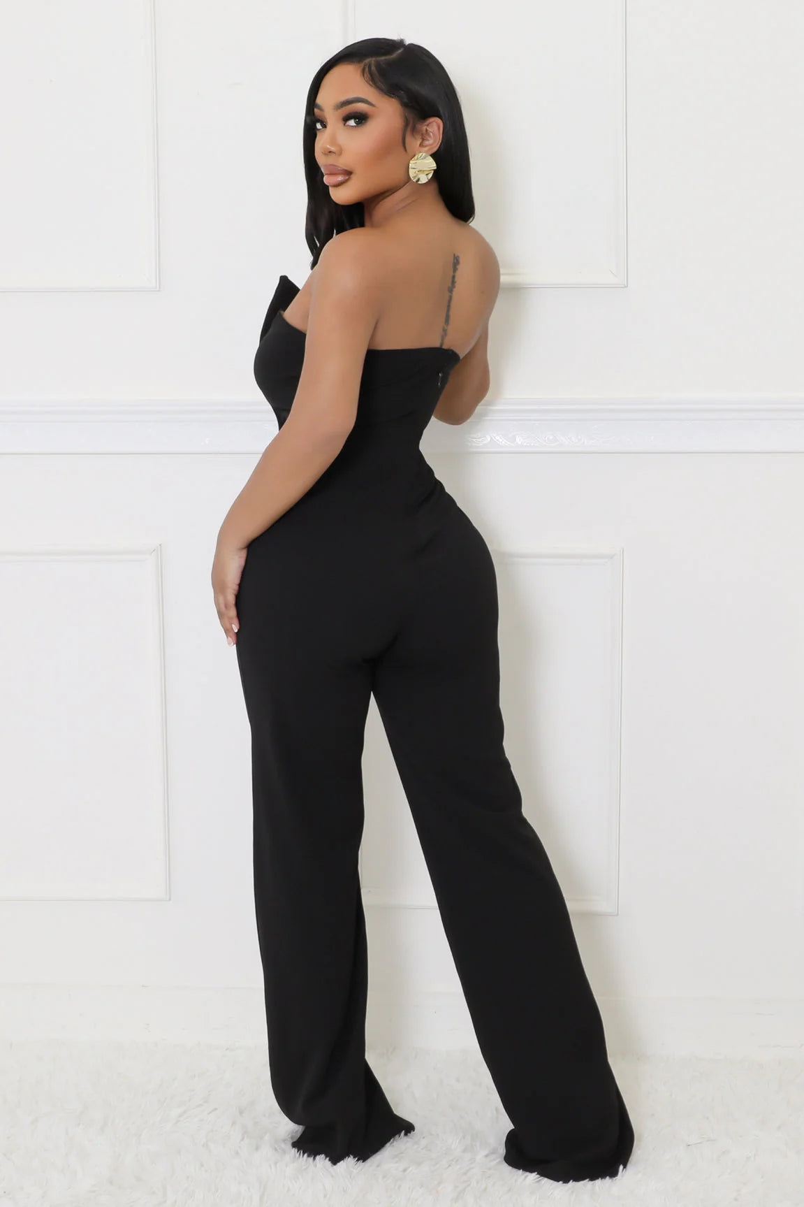 Solid Color Tube Top Gold Button Embellished Bootcut Jumpsuit