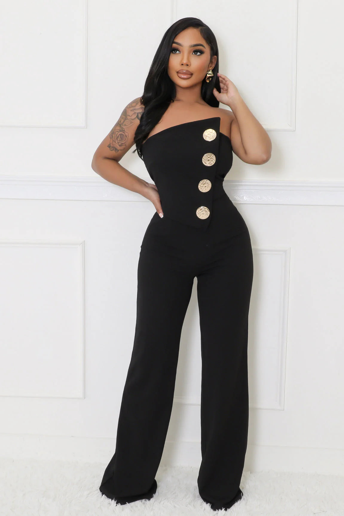 Solid Color Tube Top Gold Button Embellished Bootcut Jumpsuit