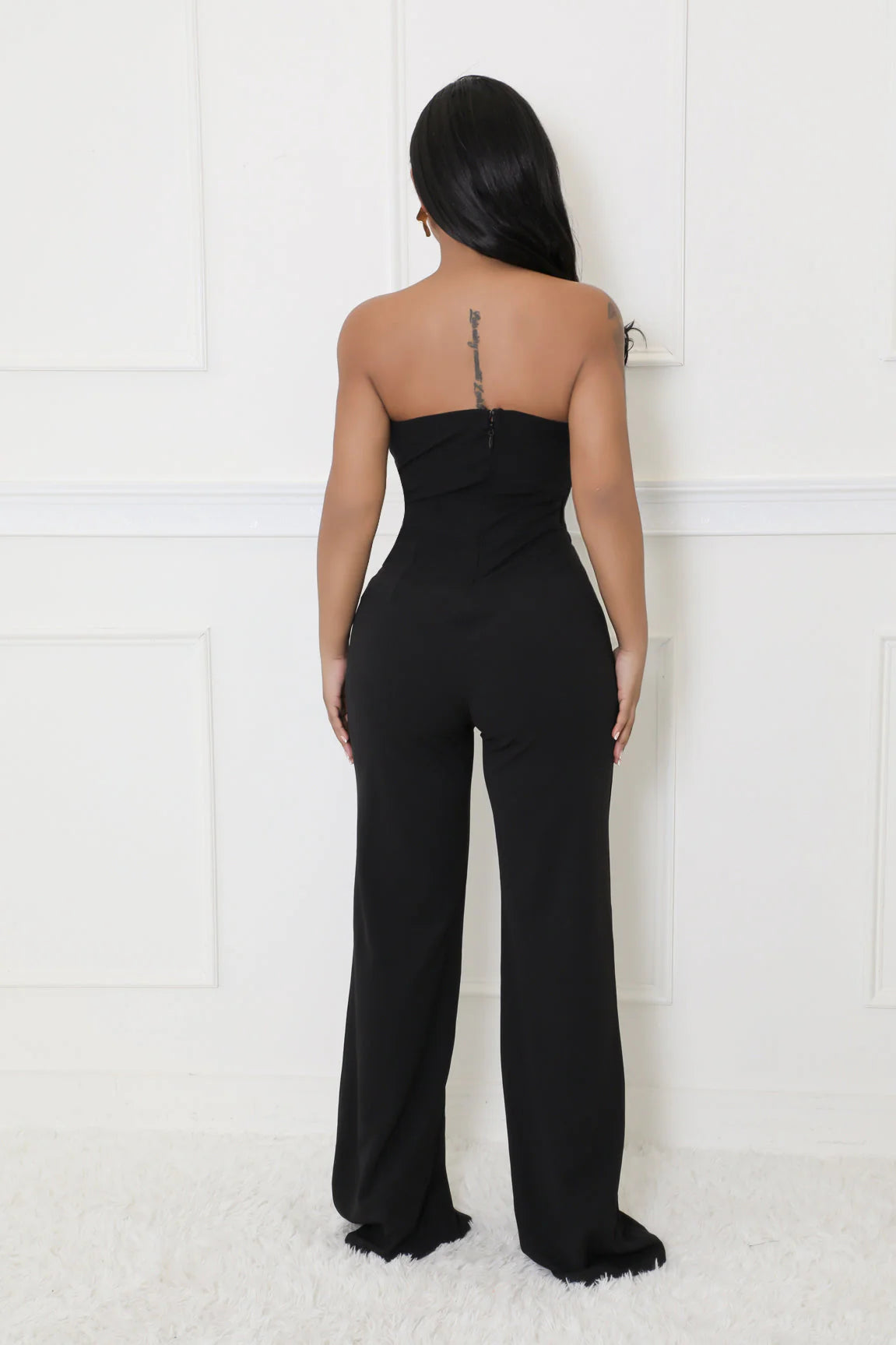 Solid Color Tube Top Gold Button Embellished Bootcut Jumpsuit