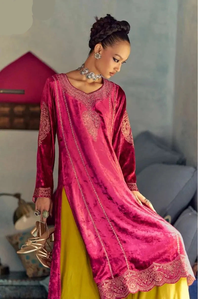 Velvet Zari & Sequins Un-Stitched Suit Set