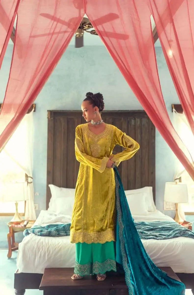 Velvet Zari & Sequins Un-Stitched Suit Set