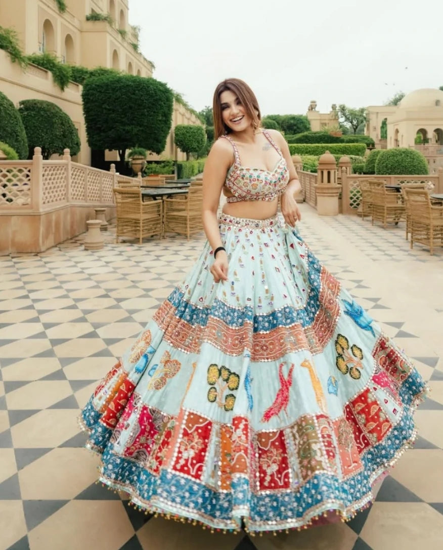 Garbha Spins- Beautiful Digital Print & Real Mirror Work Lehnga Choli