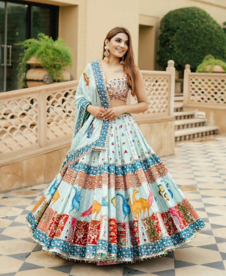 Garbha Spins- Beautiful Digital Print & Real Mirror Work Lehnga Choli