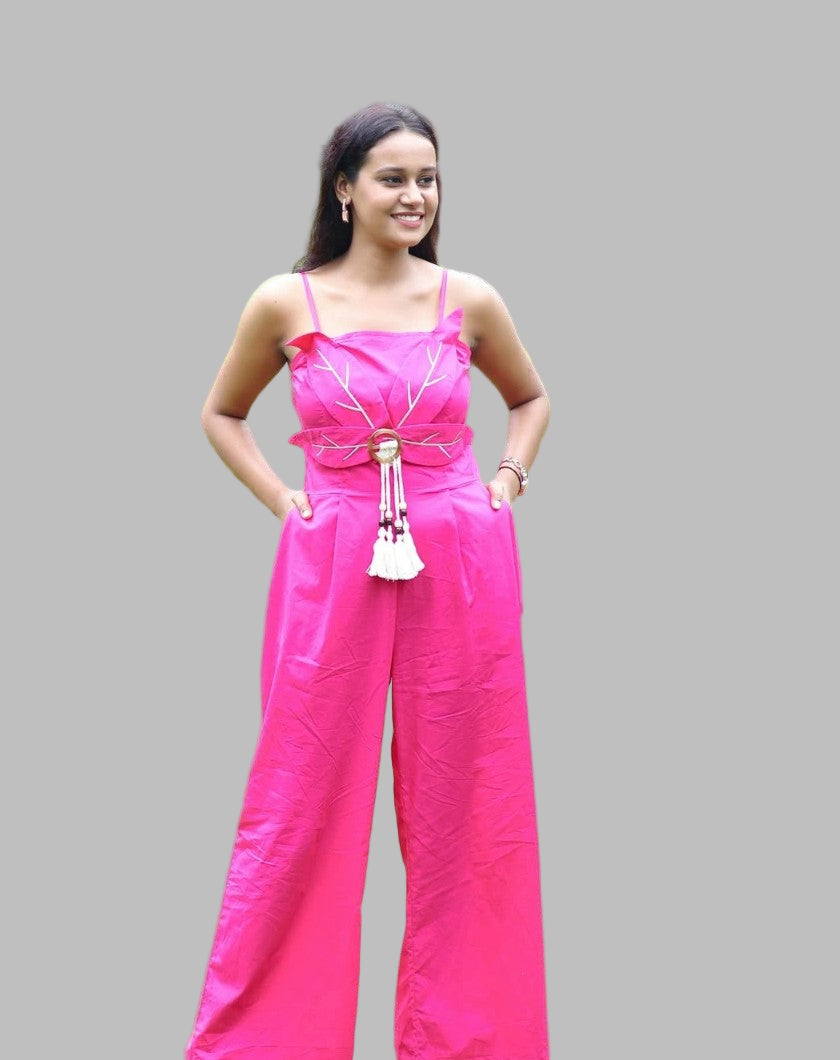 Leena Linen And Cotton Blend Floral Embroidery Jumpsuit