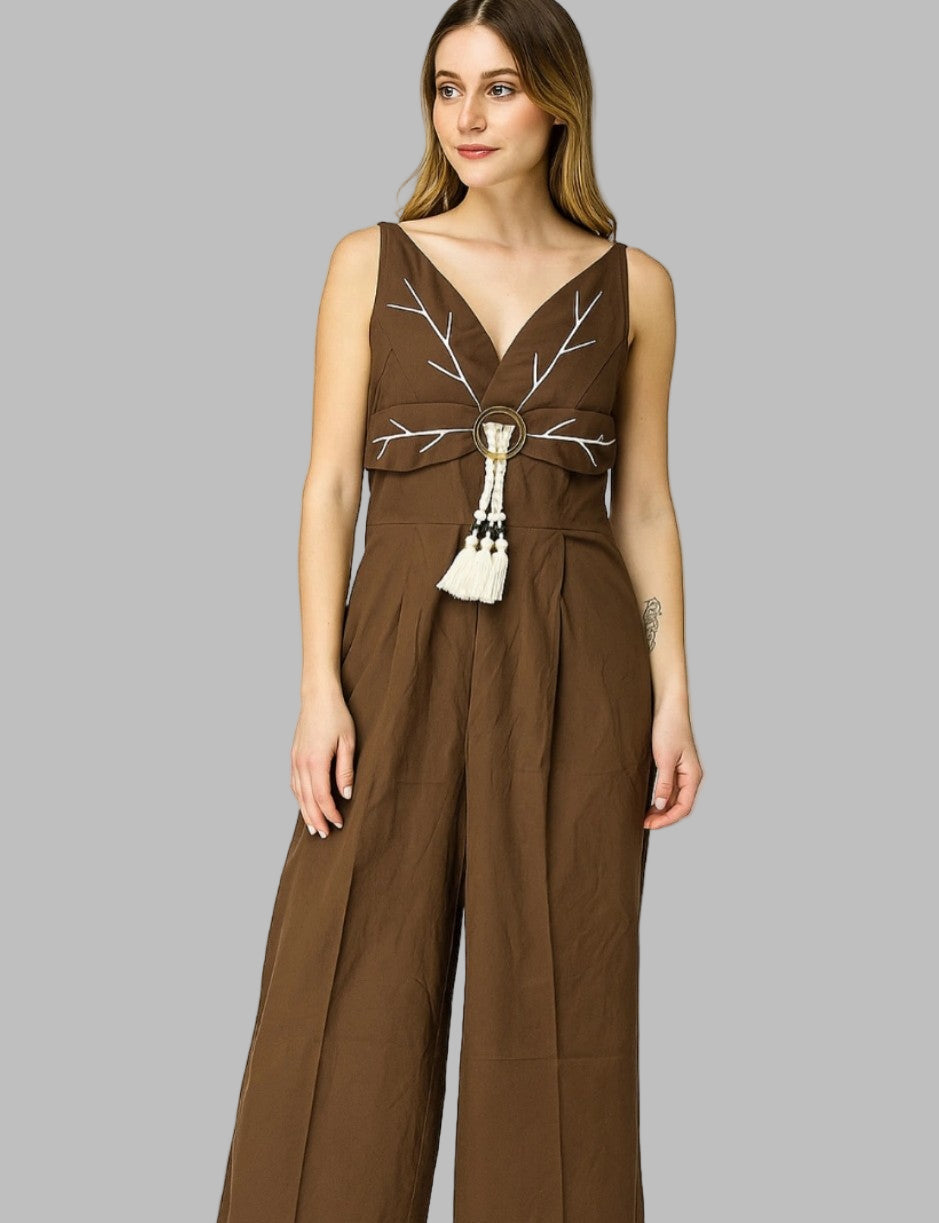 Leena Linen And Cotton Blend Floral Embroidery Jumpsuit