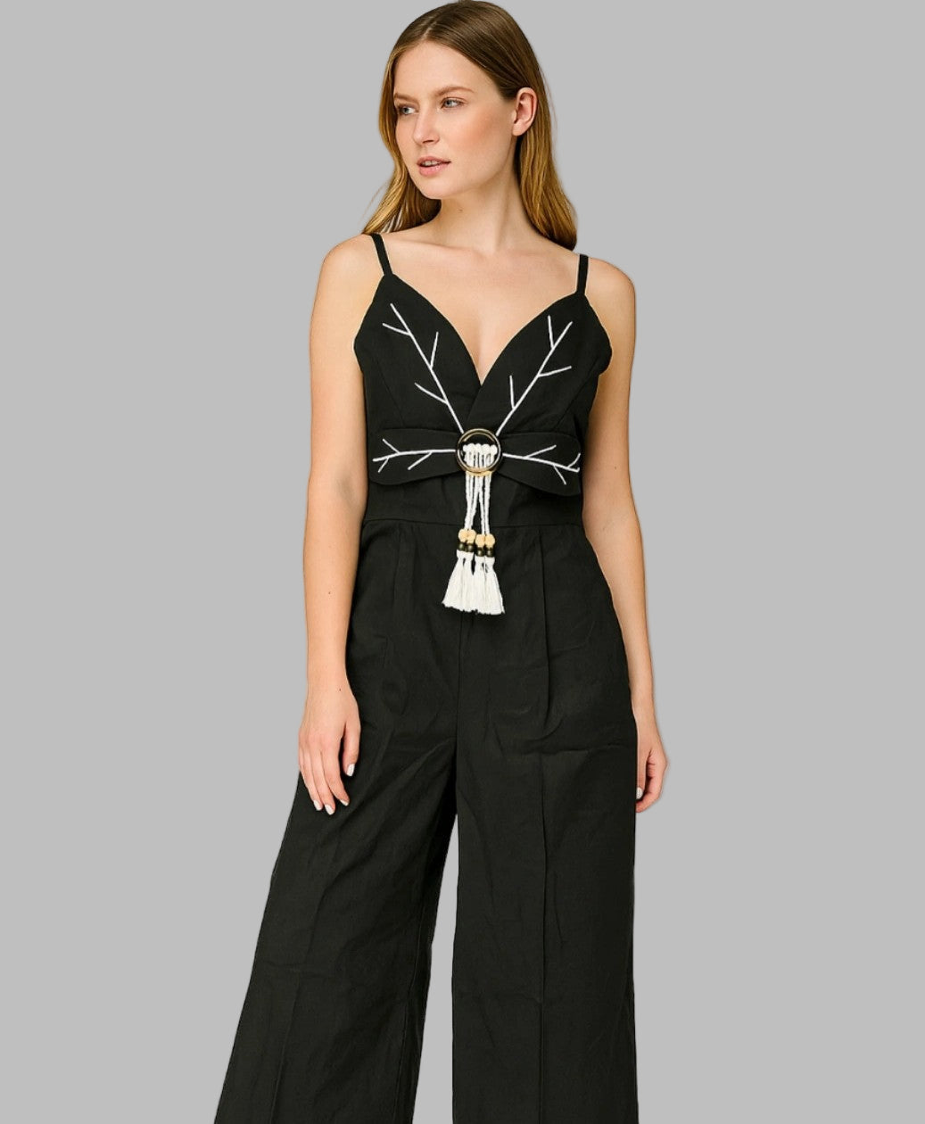 Leena Linen And Cotton Blend Floral Embroidery Jumpsuit