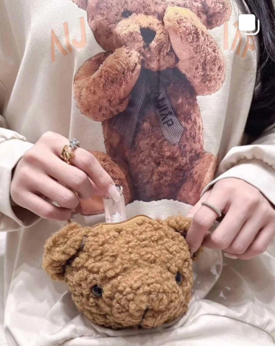 Women's Cute Bear Printed Front Crew Neck Loose Sweatshirt Pullover With Teddy Purse