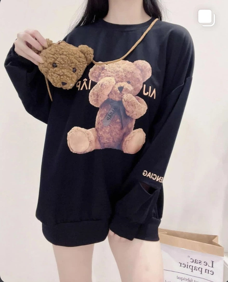 Women's Cute Bear Printed Front Crew Neck Loose Sweatshirt Pullover With Teddy Purse