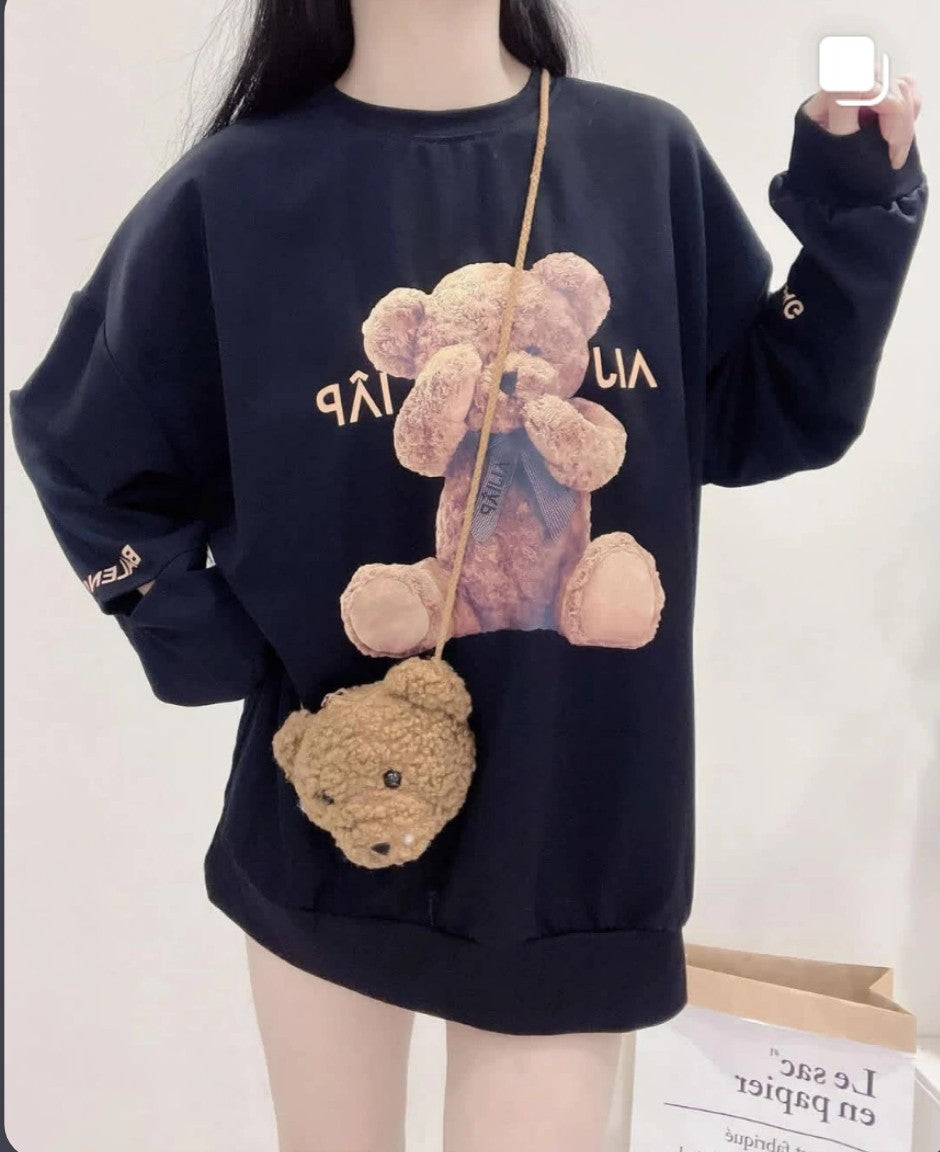 Women's Cute Bear Printed Front Crew Neck Loose Sweatshirt Pullover With Teddy Purse