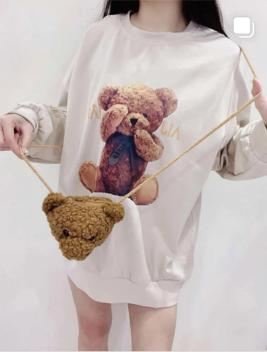 Women's Cute Bear Printed Front Crew Neck Loose Sweatshirt Pullover With Teddy Purse