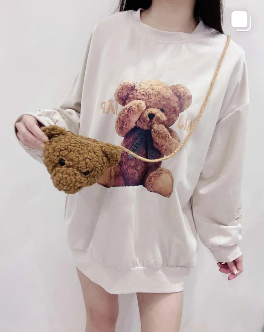 Women's Cute Bear Printed Front Crew Neck Loose Sweatshirt Pullover With Teddy Purse