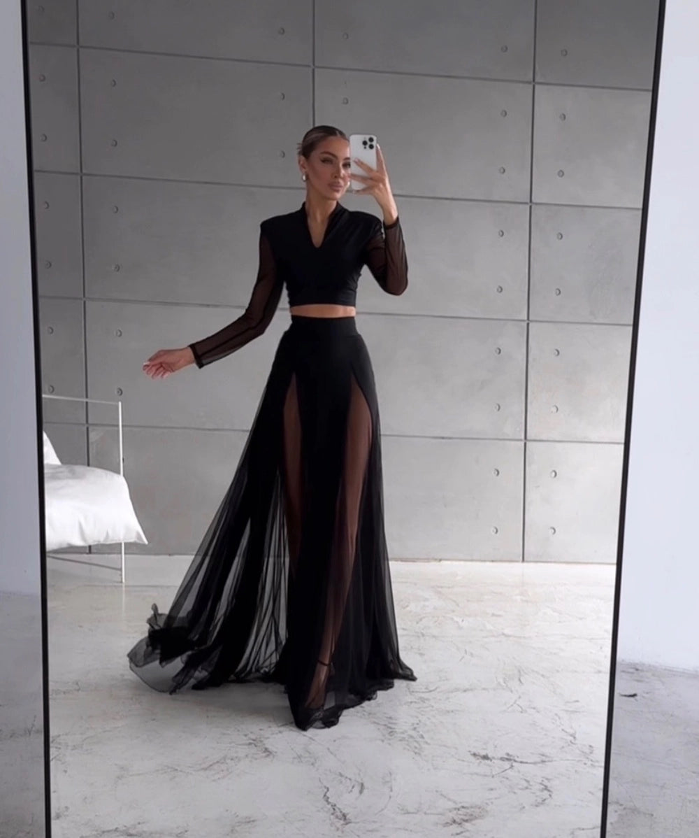 Daisy New Fashion V-neck Mesh Splicing Long Sleeve Shirt Elegant Half Skirt Women's Set