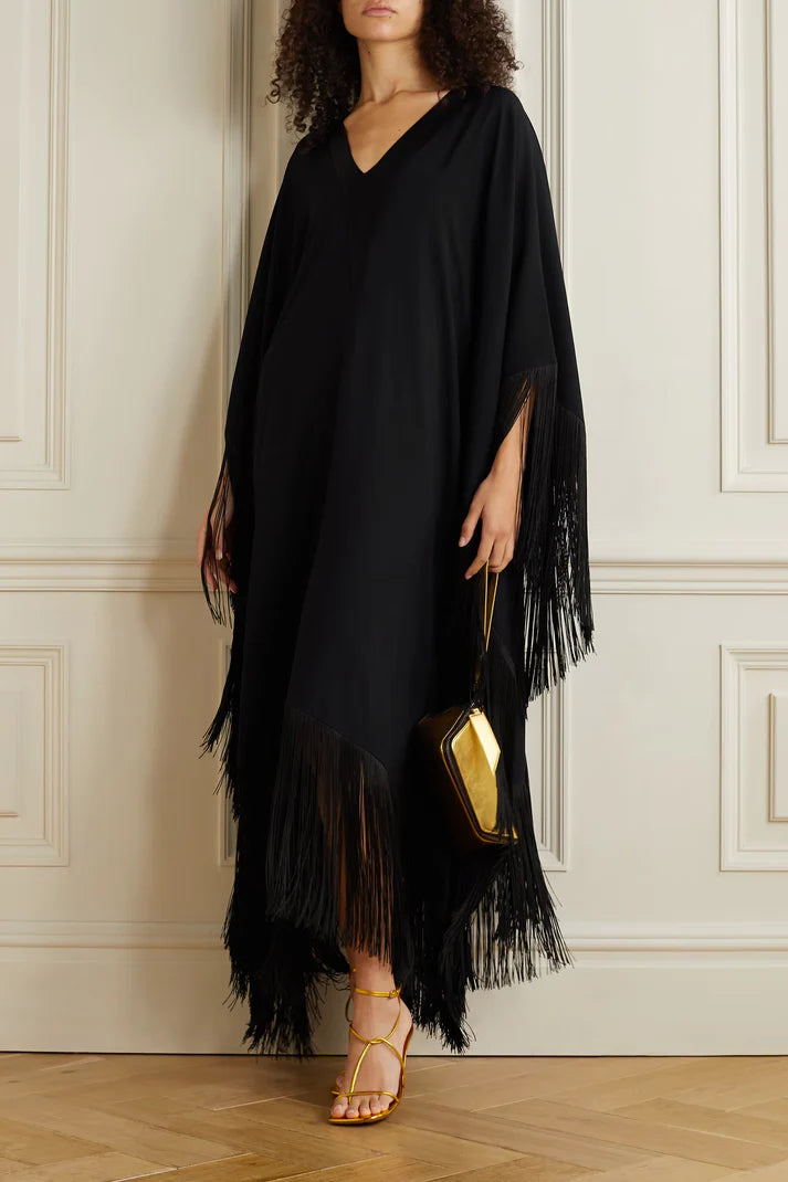 V-Neck Korean Silk Fringe Kaftan Dress