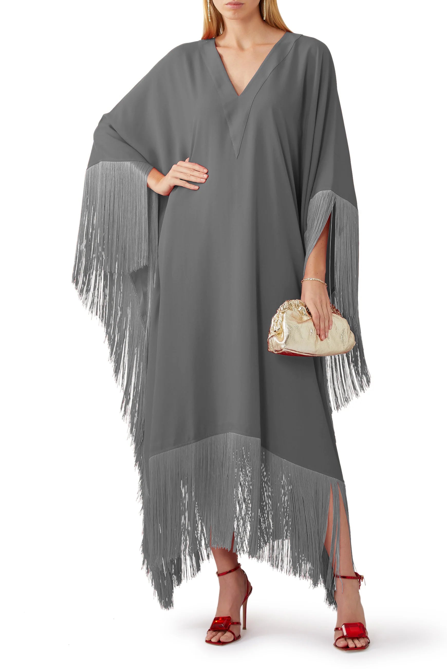 V-Neck Korean Silk Fringe Kaftan Dress