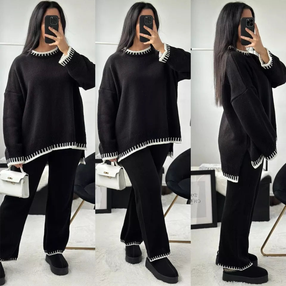 Women Stitched Knitted Jumper Top Wide Leg Trousers 2 PCS Co ord Lounge Wear Set