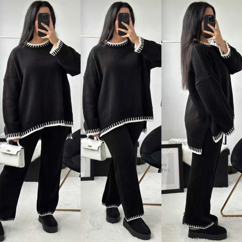 Kim Women Stitched Knitted Jumper Top Wide Leg Trousers 2 PCS Co ord Lounge Wear Set