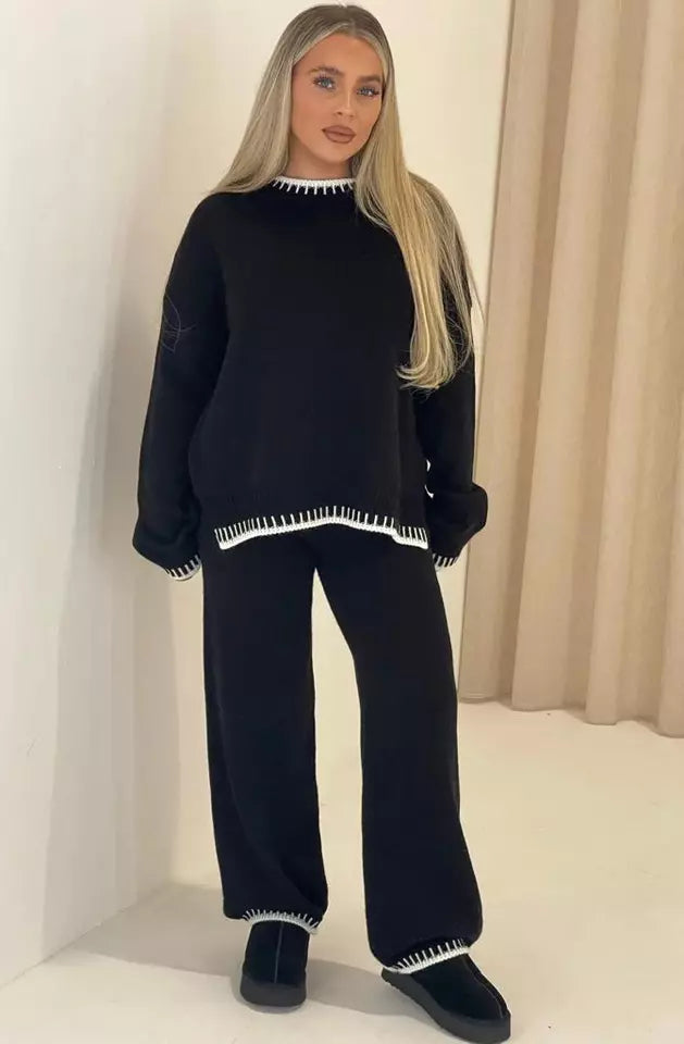 Kim Women Stitched Knitted Jumper Top Wide Leg Trousers 2 PCS Co ord Lounge Wear Set